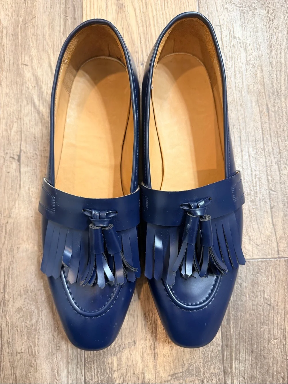 Navy Tassel Fringe Leather Slip-On Loafers